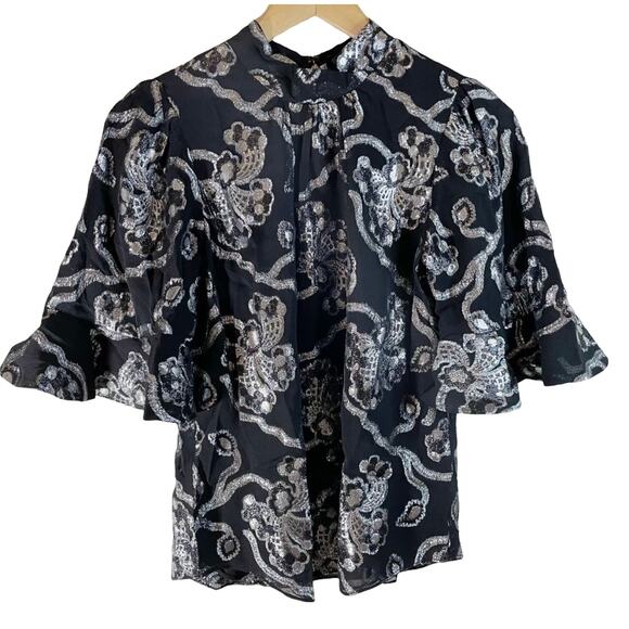 NWT Rebecca Taylor Women's Flutter Sleeve Silk Blend Metallic Top Black Size 0 - Picture 2 of 11